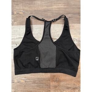 Fabletics racerback sports bra in black with grey stripes size Large